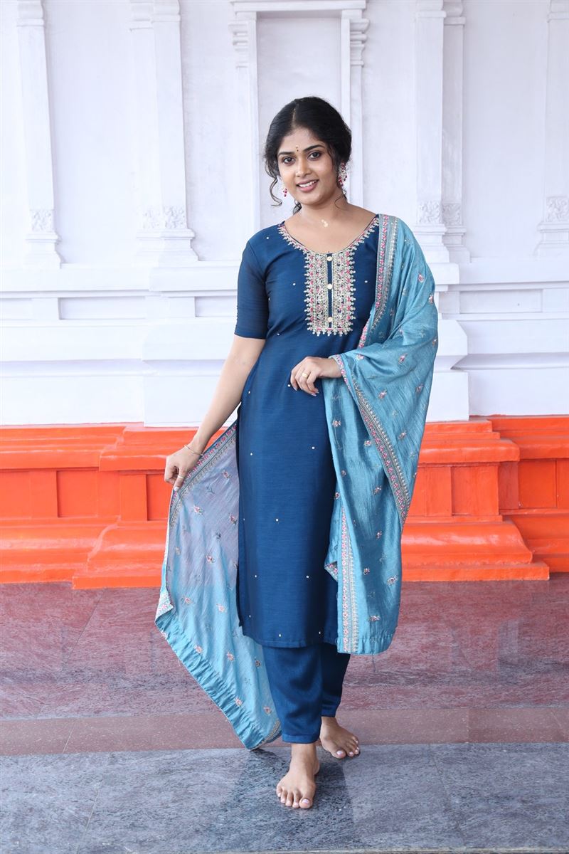 Telugu Actress Sunitha Marasiar in Blue Dress